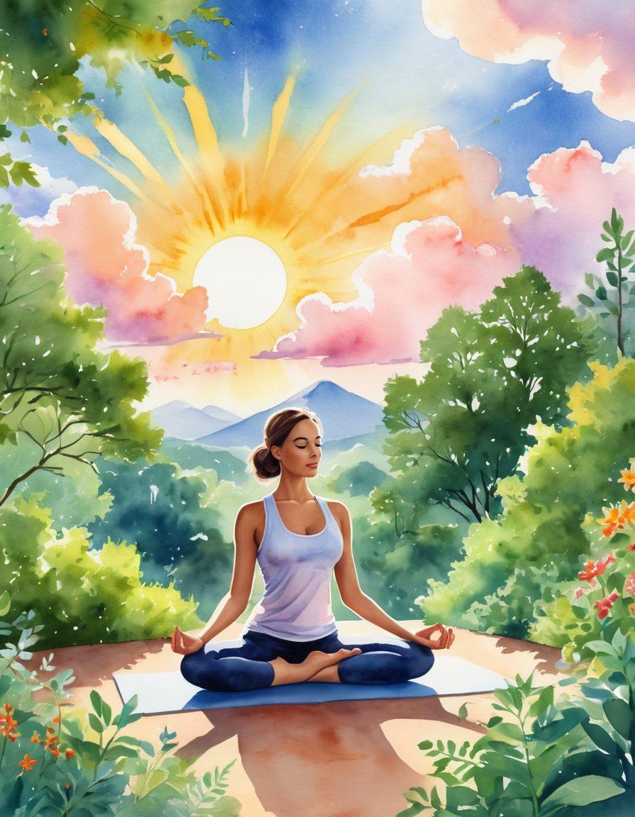 A serene landscape depicting a person practicing yoga under a bright sun, surrounded by lush greenery symbolizing health and vitality. Include elements like a journal and healthy food nearby to represent lifestyle changes. In the background, soft clouds convey a calm atmosphere, while a glow radiating from the person symbolizes mental strength and resilience. watercolor style. vibrant colors. peaceful composition.