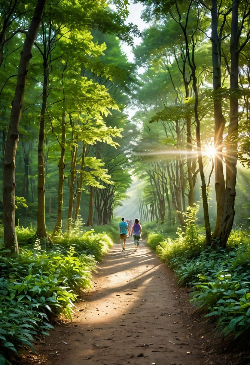 A serene pathway winding through a lush green forest, symbolizing hope and healing, with soft sunlight filtering through the leaves. Alongside the path, diverse groups of people from various backgrounds walking together, engaging in supportive conversations, and holding symbols of cancer awareness like ribbons. In the distance, a bright horizon representing a promising future. super-realistic. vibrant colors. soft focus.