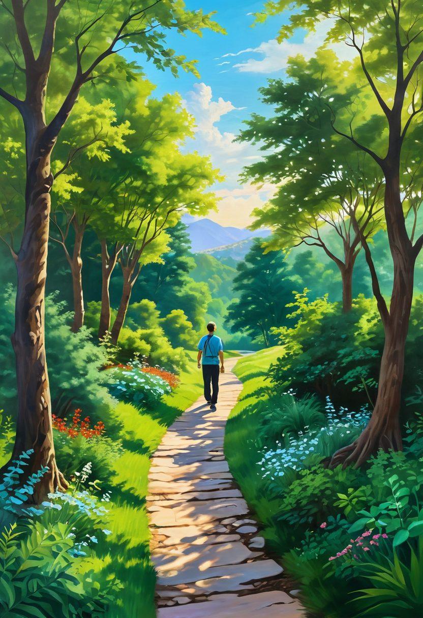 A serene pathway meandering through a lush green landscape, symbolizing the journey from diagnosis to wellness, with supportive figures walking alongside the path. Include soft sunlight filtering through trees, representing hope and healing, and subtle icons of oncology and wellness such as a stethoscope and plant motifs. The scene should evoke a sense of tranquility and encouragement. vibrant colors. painting.